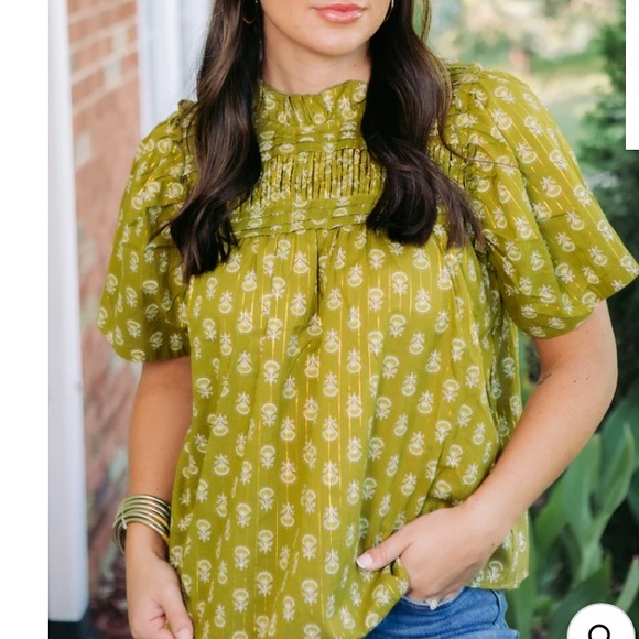 THML Tops - THML Olive Green Smocked Floral Short Sleeve Top